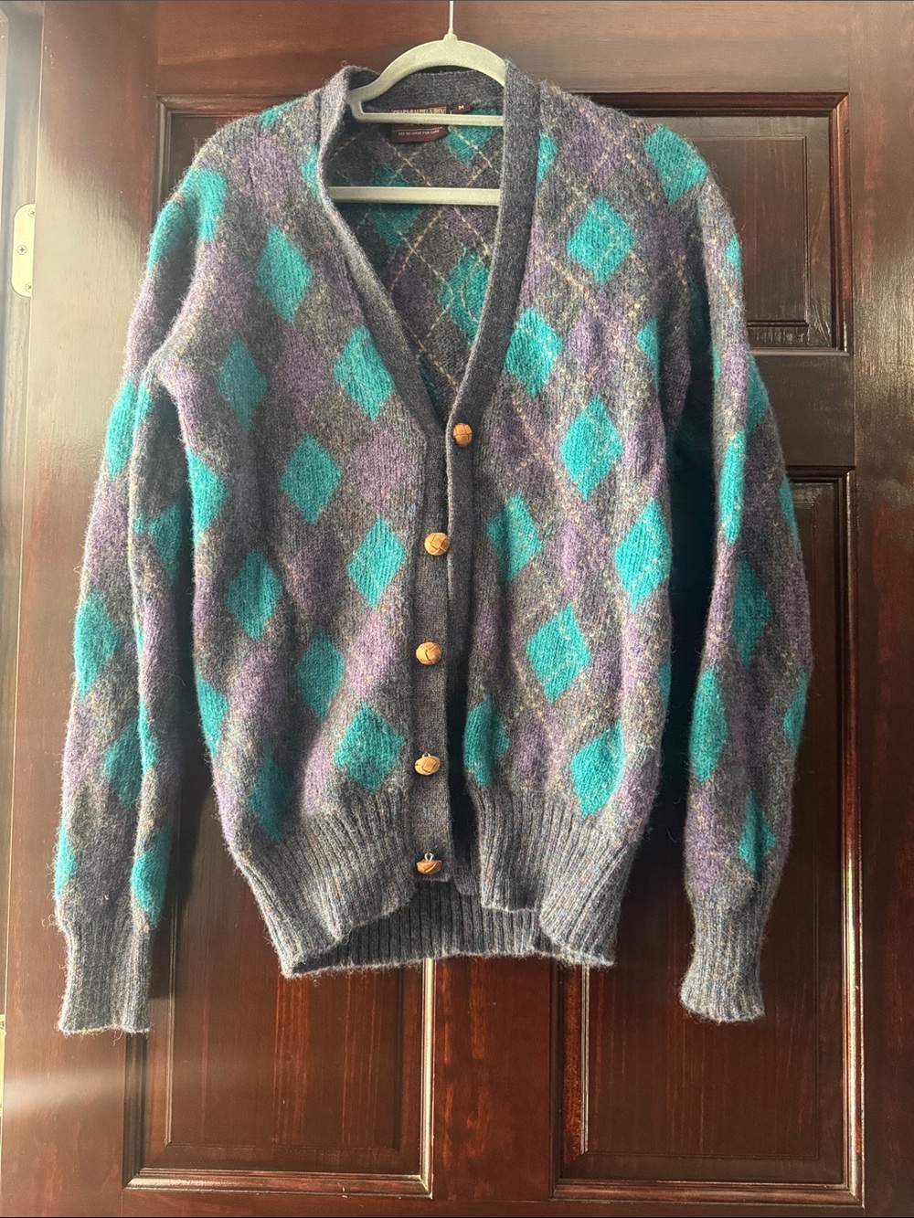 Vintage Ralph Lauren Chaps Teal and Purple 100% Shetland Wool Cardigan
